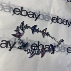 Iridescent Abalone Shell Fish Link Bracelet Silver Tone Adjustable Needs Clasp